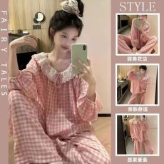 批发馨依 秋季新款睡衣女士云朵棉可爱公主风蕾丝花边格子家居服套装