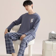 批发馨依 睡衣男士春秋款纯棉双面套头大码宽松可外穿全棉家居服套装