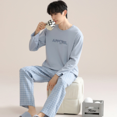 批发馨依 睡衣男士春秋款纯棉双面套头大码宽松可外穿全棉家居服套装