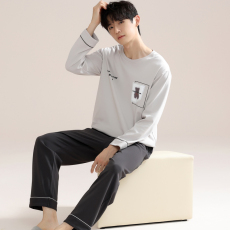 批发馨依 睡衣男士春秋款纯棉双面套头大码宽松可外穿全棉家居服套装