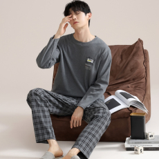 批发馨依 <b class='q'>睡衣</b>男士春秋款<b class='q'>纯棉</b>双面套头大码宽松可外穿全棉家居服套装