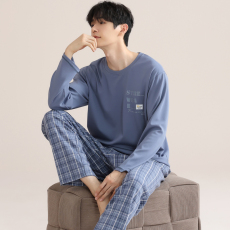 批发馨依 <b class='q'>睡衣</b>男士春秋款<b class='q'>纯棉</b>双面套头大码宽松可外穿全棉家居服套装