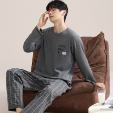 批发馨依 <b class='q'>睡衣</b>男士春秋款<b class='q'>纯棉</b>双面套头大码宽松可外穿全棉家居服套装