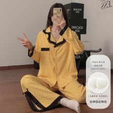 批发馨依 睡衣女款花边带胸垫云朵棉长袖开叉长裤可外出家居服套装