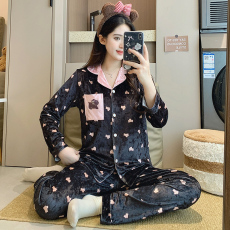 批发馨依 秋冬季新款睡衣女士<b class='q'>金丝</b>绒开衫保暖套装翻领长袖休闲家居服