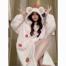 馨依 冬季睡袍女款网红爆款草莓睡衣连帽开衫提花加厚甜美家居服
