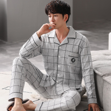 批发馨依 2025秋季睡衣<b class='q'>男</b>士仿棉加厚<b class='q'>开衫</b>翻领大码中青年家居服套装