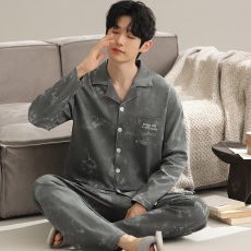 批发馨依 2025秋季睡衣<b class='q'>男</b>士仿棉加厚<b class='q'>开衫</b>翻领大码中青年家居服套装