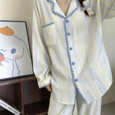 批发馨依 官图优质量撞色边格子睡衣女款春秋季舒适宽松家居服套装