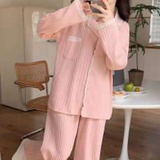 批发馨依 秋冬季新款睡衣女士提花棉麻花长袖少女开衫蕾丝花边家居服