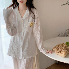 批发馨依 秋季新款睡衣女士手工刺绣皱布开衫甜美长袖蕾丝花边家居服