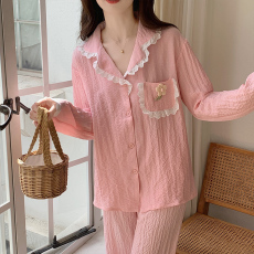 批发馨依 秋季新款睡衣女士手工刺绣皱布开衫甜美长袖蕾丝花边家居服