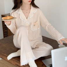 批发馨依 秋季新款睡衣女士手工刺绣皱布开衫甜美长袖蕾丝花边家居服