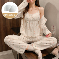批发馨依 秋季<b class='q'>睡衣</b>女款碎花三件套仿棉带胸垫背心+睡袍+长裤家居服