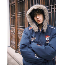 批发 可拆卸毛领座山雕棉服 美式复古刺绣徽章毛领座山雕棉衣外套