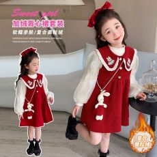 批发<b class='q'>女童</b>加<b class='q'>绒</b>两件套新款秋冬儿童红色周岁<b class='q'>礼服</b><b class='q'>裙</b>洋气宝宝公主<b class='q'>裙</b>子套装