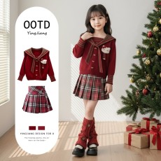批发女童红色毛衣套装冬款学院风新年拜年服儿童针织开衫百褶裙两件套