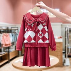 批发<b class='q'>女</b><b class='q'>童</b>针织套装裙子2025秋冬洋气时髦儿童<b class='q'>马甲</b>毛衣红色连衣裙两件套