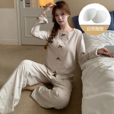 批发馨依 春秋新款纯棉拉架睡衣女士家居服可外出带胸垫杏色长袖套装