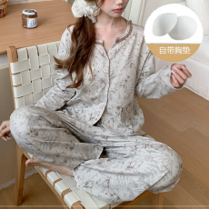 批发馨依 春秋新款纯棉拉架睡衣女士家居服可外出带胸垫杏色长袖套装