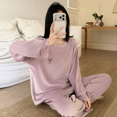 批发馨依 春秋季新款睡衣女士海岛绒休闲套装可外出简约长袖家居服