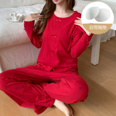 批发小宝春秋新款纯棉拉架睡衣女士家居服可外出带胸垫杏色长袖套装