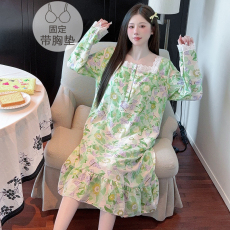 批发云朵棉睡衣女春<b class='q'>秋</b>季甜美公主风带胸垫中长睡裙加大码220斤家居服