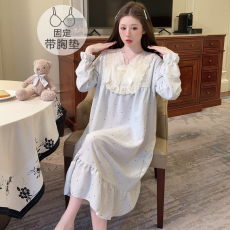 批发云朵棉睡衣女春<b class='q'>秋</b>季甜美公主风带胸垫中长睡裙加大码220斤家居服