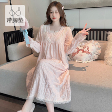 批发云朵棉睡衣女春<b class='q'>秋</b>季甜美带胸垫长袖中长睡裙加肥大码220斤家居服