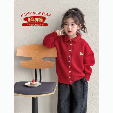 批发女童毛衣2026新款秋冬季小马红翻领童装针织衫儿童开衫上新年衣服