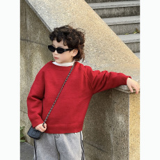 批发红色毛衣男女童套头秋冬高级感超好看的内搭针织衫打底