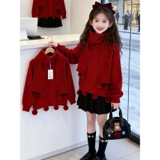 批发女童过年加厚毛衣2025新款女孩冬装拜年服针织衫红色新年衣服12岁
