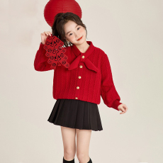 批发女童上衣冬季拜年服2026新款时尚洋气儿童百搭领结针织衫新年毛衣
