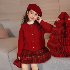 批发女童毛衣冬季2026新款马年本命年红色针织开衫儿童加厚冬装拜年服