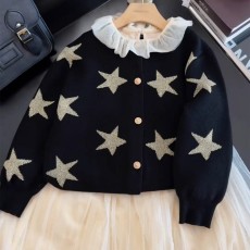 批发女童毛衣秋冬2025新款<b class='q'>儿童</b>星星图案黑色针织<b class='q'>开衫</b>米白打底衫套装