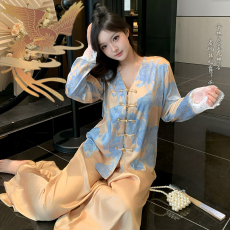 批发馨依 春秋季新款鎏金岁月新中式国风冰雪丝睡衣女士长袖<b class='q'>裙</b>裤套装