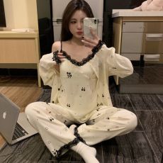 批发馨依 春夏季新款云朵棉三件套睡衣女士带胸垫甜美休闲外出家居服