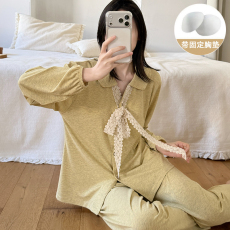 批发馨依 春秋季新款睡衣女士彩棉套装简约风带胸垫套头可外出家居服