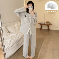 批发馨依 春秋季新款睡衣女士彩棉套装可外出带胸垫简约风长袖家居服