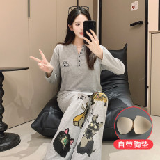 批发馨依 春秋季新款睡衣女士彩棉套装简约V领长袖套头可外出家居服