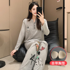 批发馨依 春秋季新款睡衣女士彩棉套装简约V领长袖套头可外出家居服