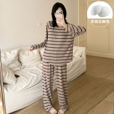 批发馨依 春秋季新款睡衣女士彩棉套装带胸垫可外出长袖日韩风家居服