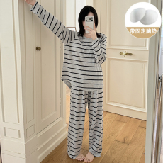批发馨依 春秋季新款睡衣女士彩棉套装带胸垫可外出长袖日韩风家居服
