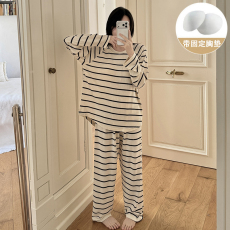 批发馨依 春秋季新款睡衣女士彩棉套装带胸垫可外出长袖日韩风家居服