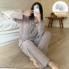 批发馨依 春秋季新款睡衣女士彩棉套装可外出简约风带胸垫家居服套装
