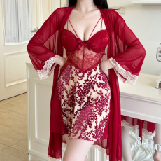 批发烧花睡衣女士带胸垫吊带睡裙性感蕾丝花边V领两件套2色
