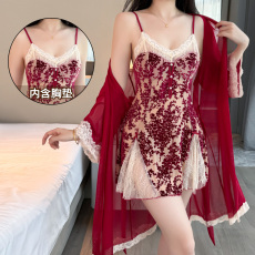 批发带胸垫烧花睡衣女士带胸垫吊带睡裙性感蕾丝花边V领两件套3色