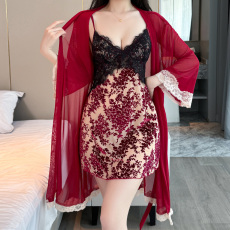 批发带胸垫烧花睡衣女士带胸垫吊带睡裙性感蕾丝花边V领两件套2色