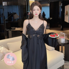 批发纯欲超长款<b class='q'>春</b>夏季女士吊带胸垫睡裙性感睡衣高个子两件套薄款睡袍