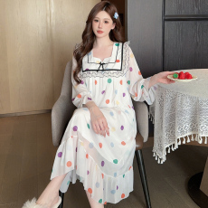 批发网纱长袖裙 春<b class='q'>秋</b>季网纱公主风花边带胸垫方领彩色圆点长袖睡裙
